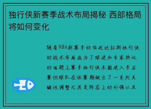 独行侠新赛季战术布局揭秘 西部格局将如何变化