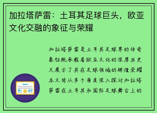 加拉塔萨雷：土耳其足球巨头，欧亚文化交融的象征与荣耀
