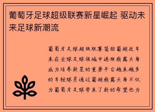 葡萄牙足球超级联赛新星崛起 驱动未来足球新潮流
