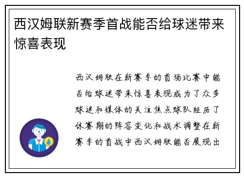 西汉姆联新赛季首战能否给球迷带来惊喜表现